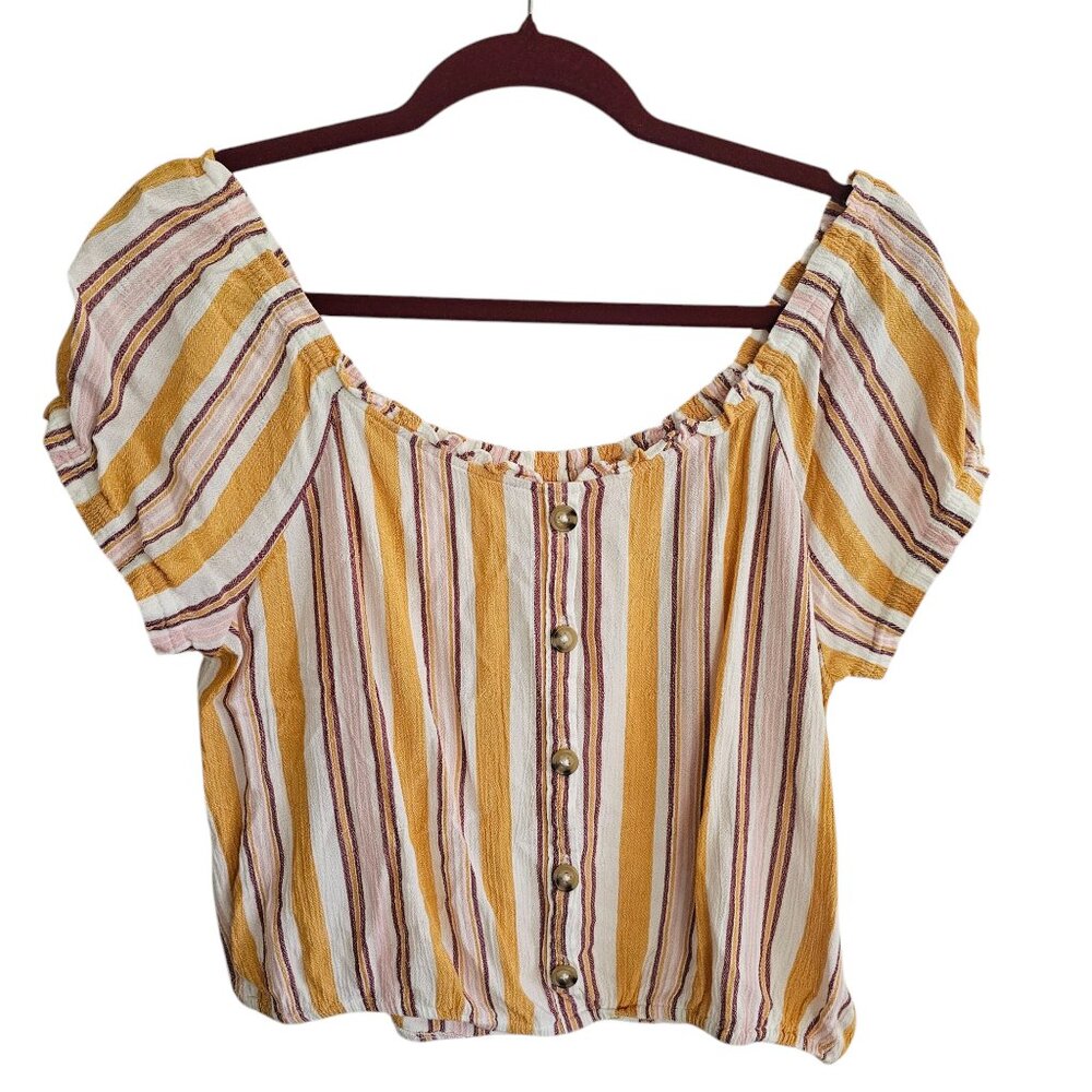 FLAW Aeropostale Colorful Boho Stripe Cropped Button Down Peasant Puff Sleeve
